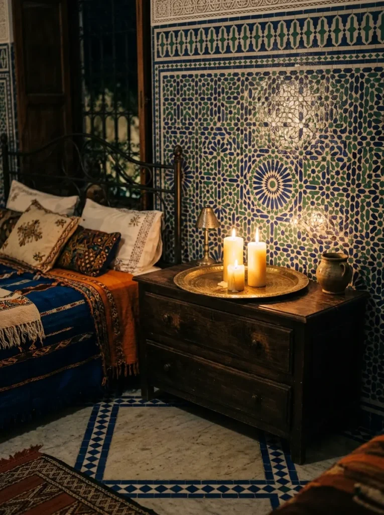 Three lit pillar candles on a brass tray cast warm flickering light in a hushed Moroccan bedroom.