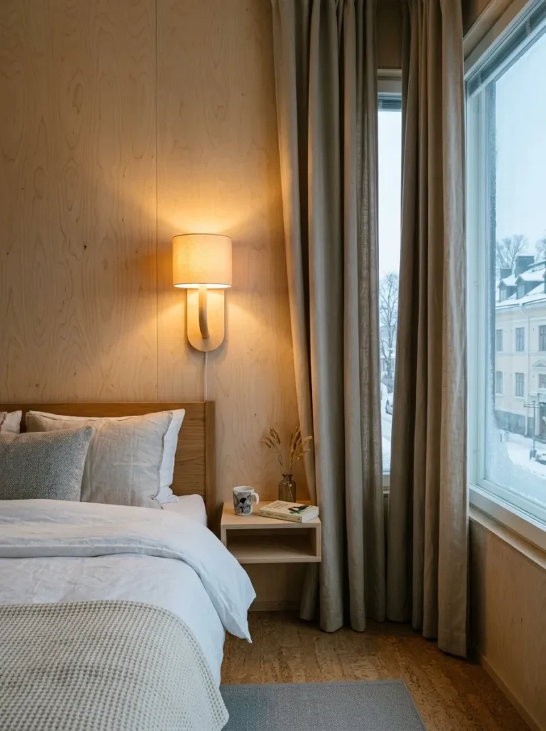 A dimmed birch-mounted wall sconce glows low beside the bed in a fresh Finnish modern bedroom.
