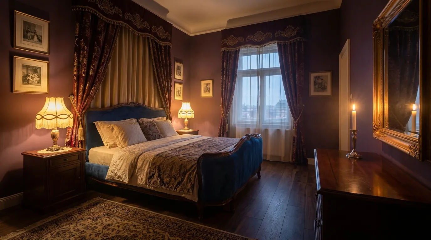 A curved upholstered bed glows under warm lamp light in an intimate Belle Époque romantic bedroom.