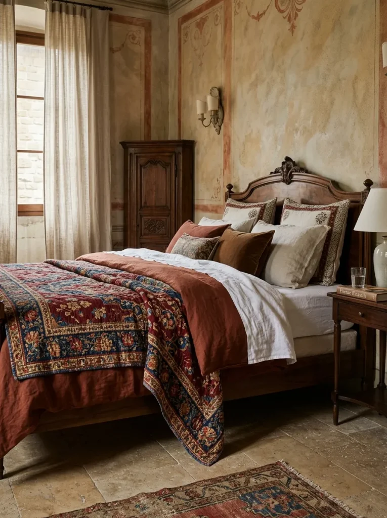 Layered linen sheets and a folded quilt sit at the foot of the bed in a composed Florentine bedroom.