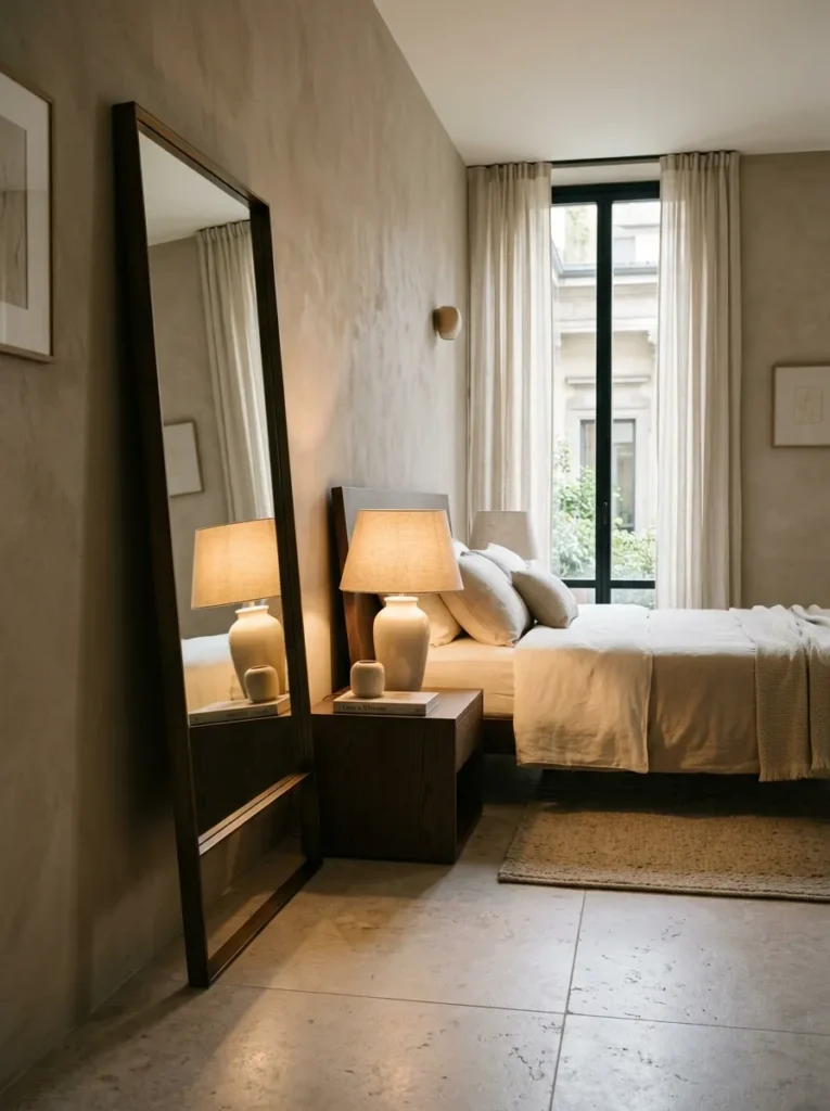 A leaning mirror reflects warm lamp glow instead of daylight in a calm Milan bedroom.