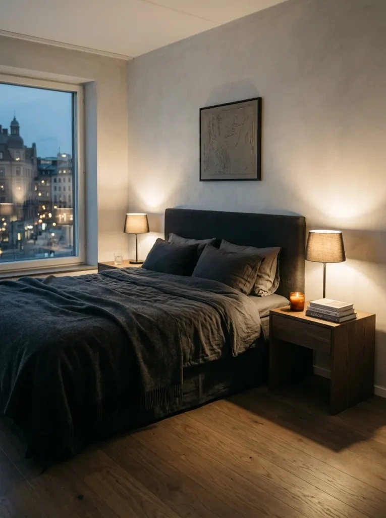 Matching nightstands flank the bed with one small stack of books breaking the symmetry in a Stockholm bedroom.