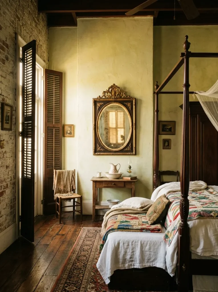 A framed mirror replaces a television on the wall across from the bed in a warm Creole New Orleans bedroom.