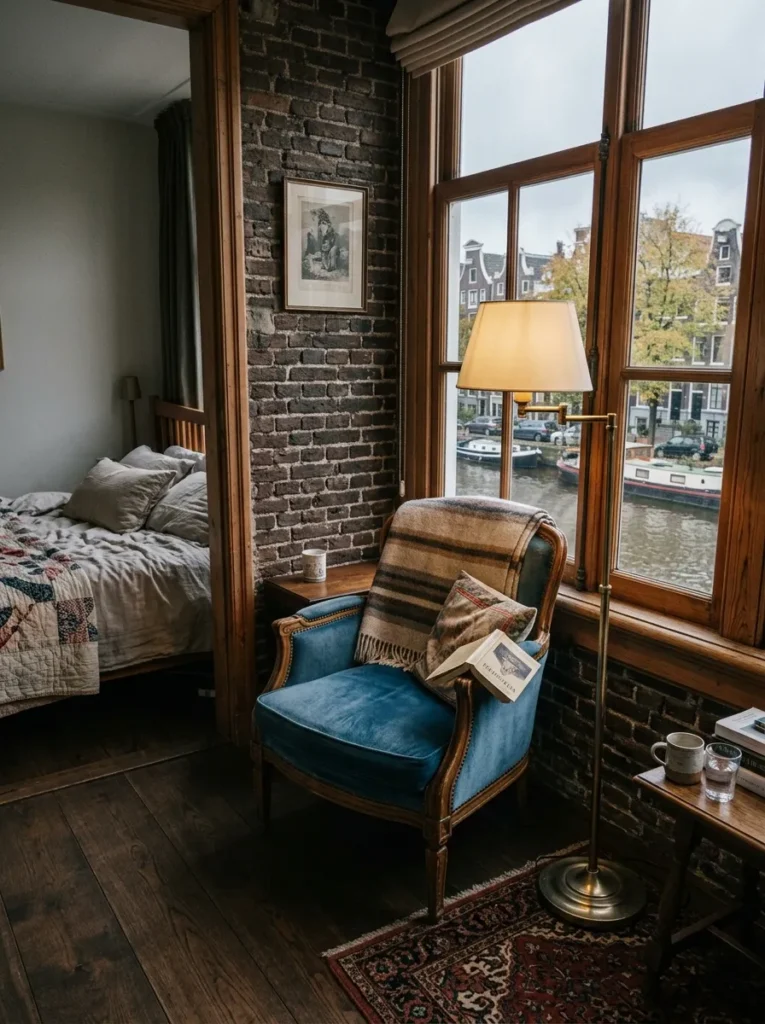 A small reading chair with its own lamp sits apart from the bed in an unfussy Amsterdam bedroom.