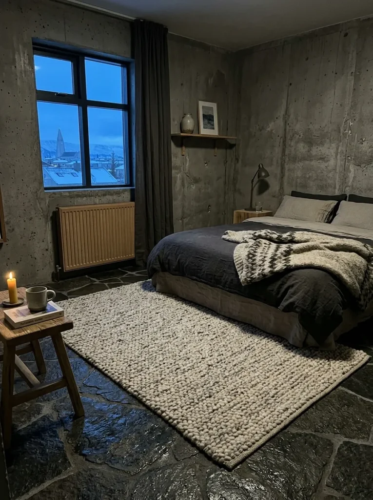 A wool rug at the foot of the bed leaves bare stone floor visible in a stark Reykjavik bedroom.
