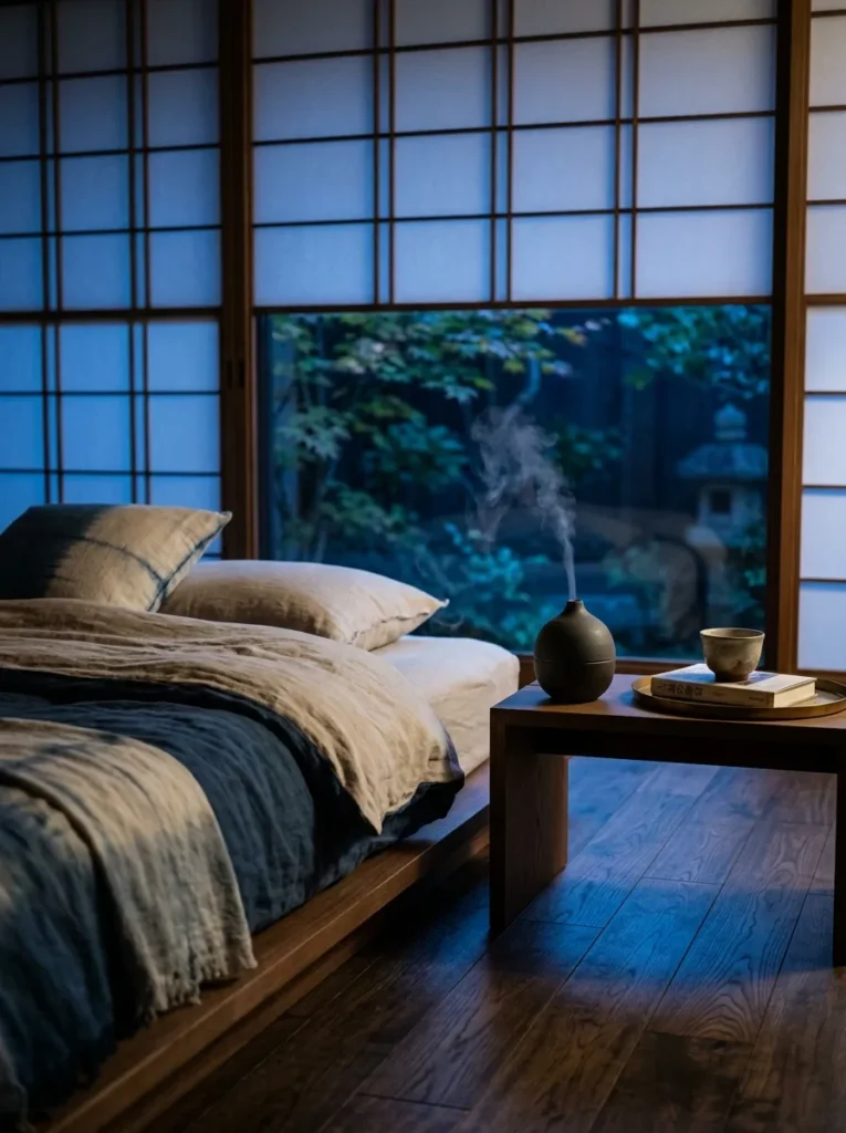 A ceramic diffuser releases a soft visible mist beside the bed in a still Japanese-style Kyoto bedroom.