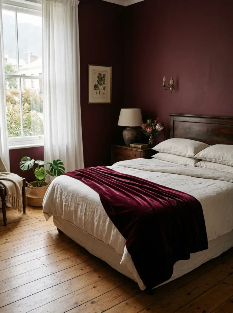 A single burgundy velvet throw stands as the one rich texture in a calm colonial-style Cape Town bedroom.