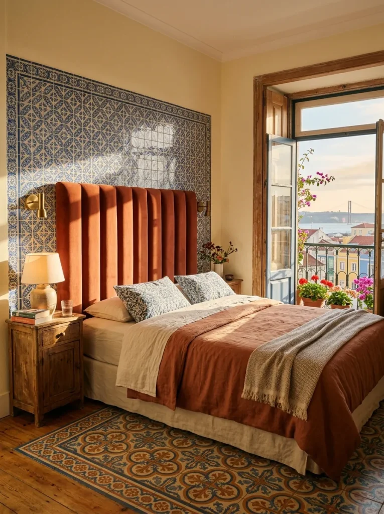 A channel-tufted terracotta velvet headboard rises against azulejo tile in a sun-warmed Lisbon bedroom.