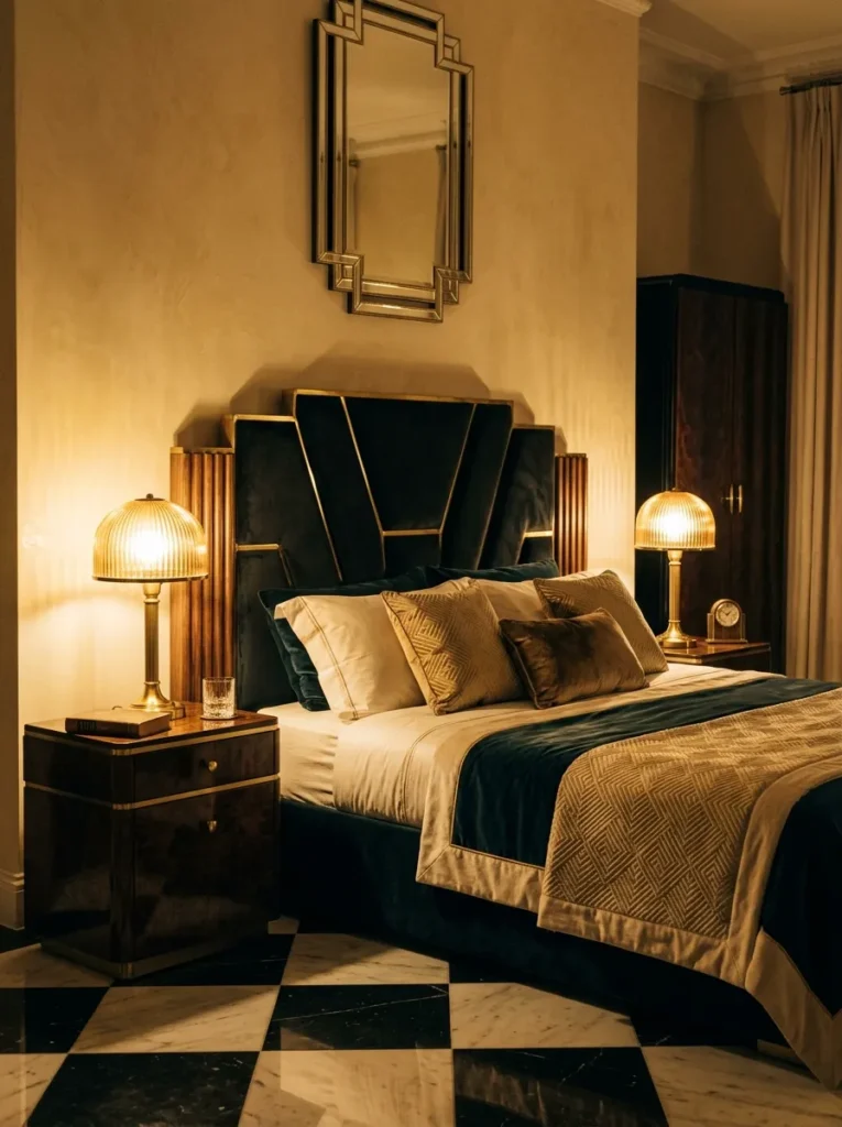 Two brass table lamps glow as the only light source in a warm Parisian Art Deco bedroom.