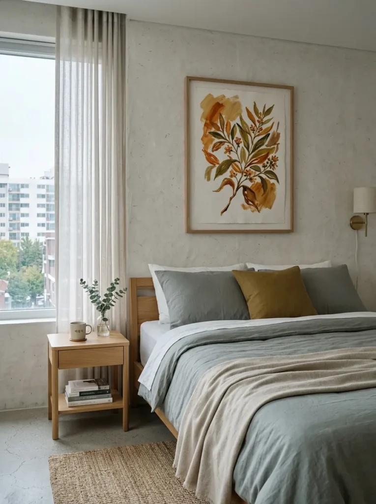 A warm-toned botanical painting hangs above the bed in a clean, considered Seoul bedroom.