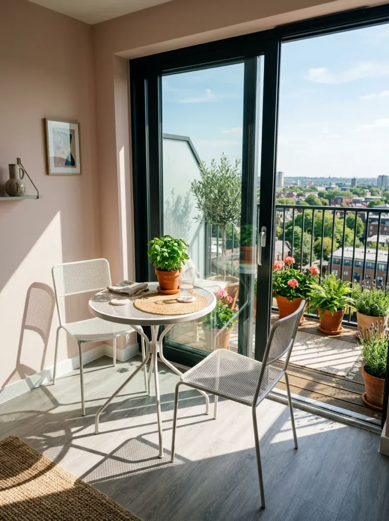 Small round wire-frame café table beside sliding glass doors leading to a balcony