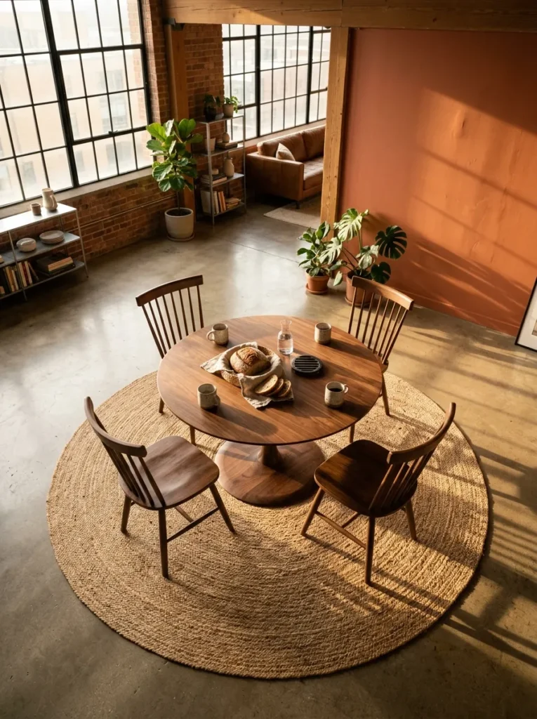Round dining table centered on a matching round jute rug defining the dining zone in an open floor plan
