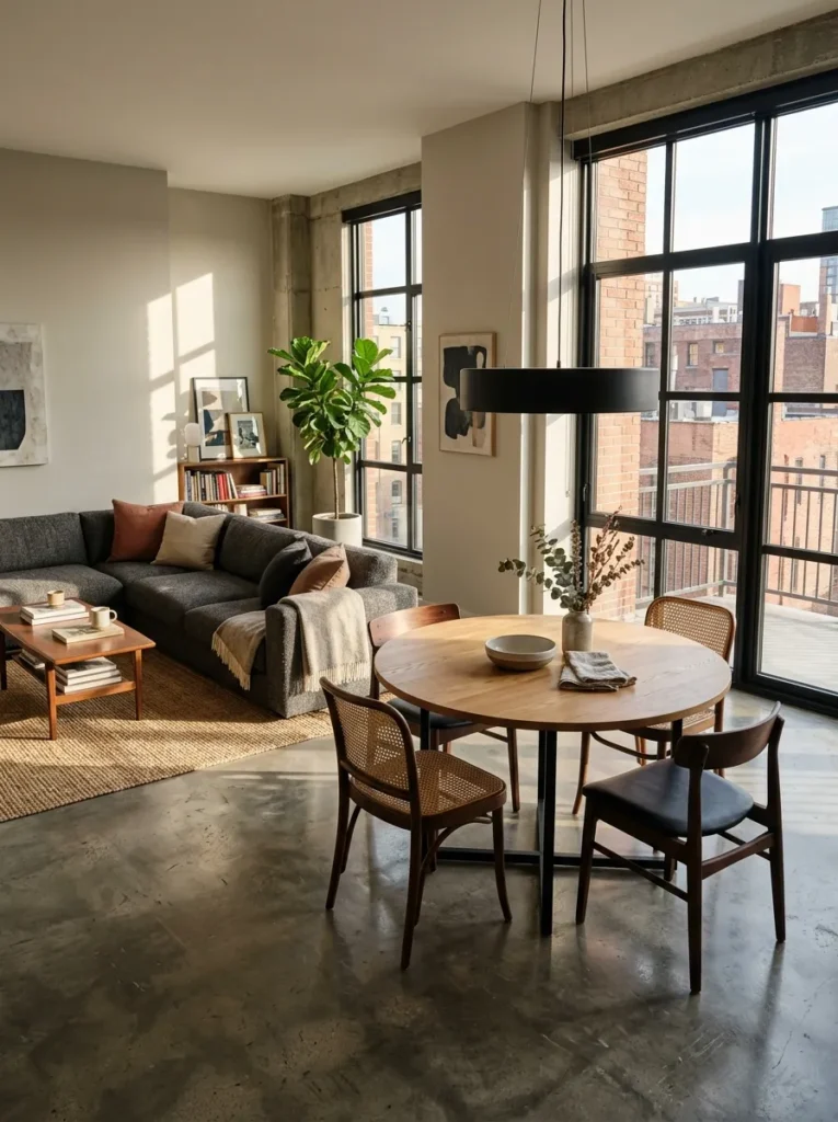 Round dining table floating off-center in an open-concept living and dining space under a pendant light