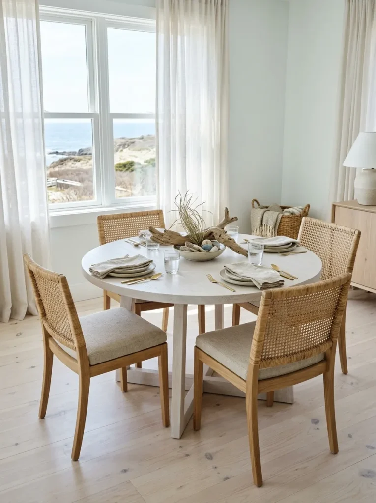 Round dining table paired with woven rattan chairs in a coastal-Scandinavian small dining room