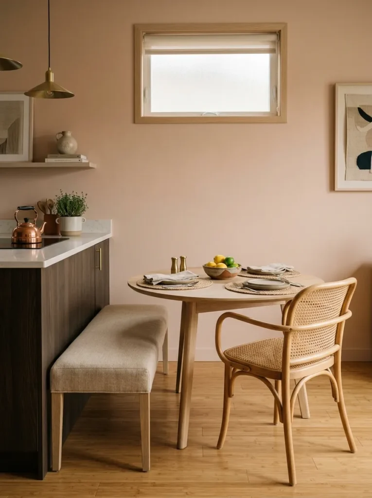 Round dining table with one slim bench on one side pushed close to a kitchen island
