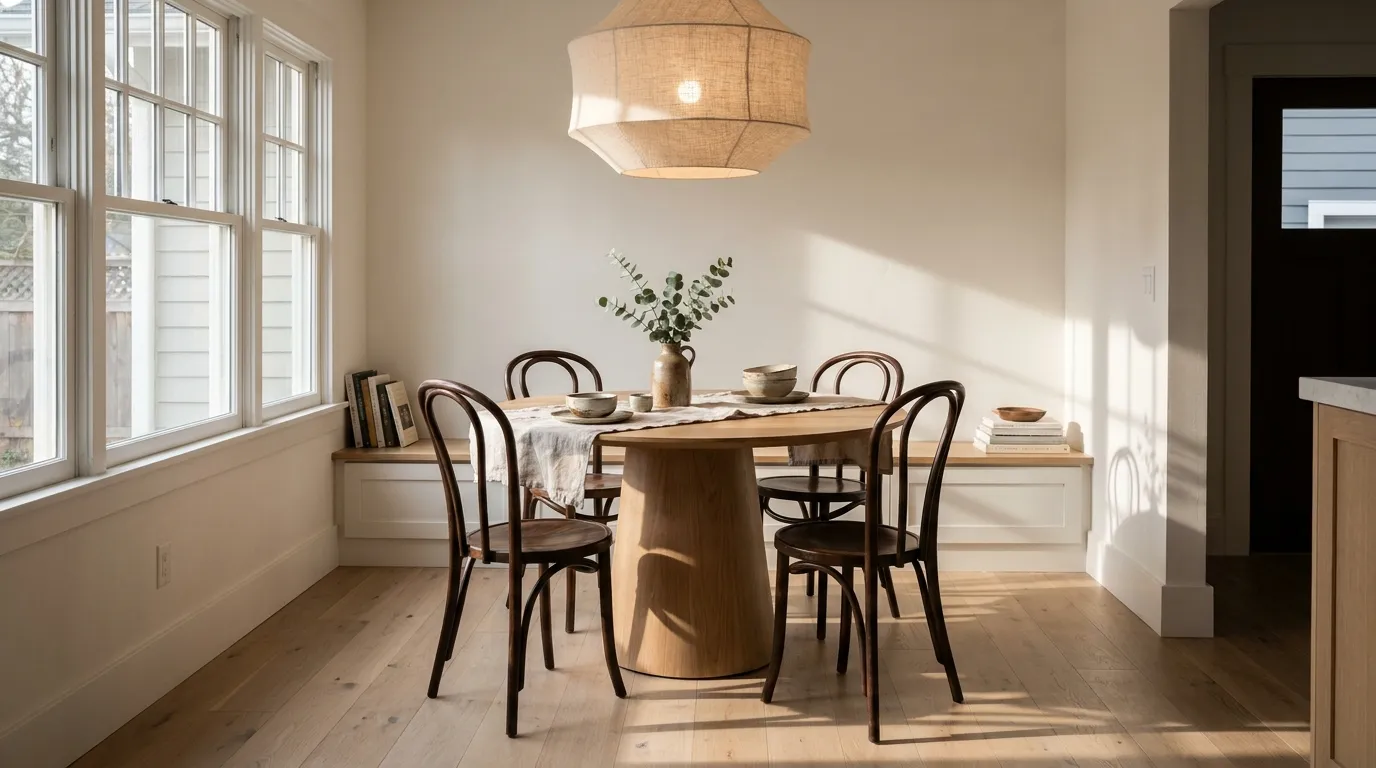 Small dining nook with a round wood pedestal table and four bentwood chairs near a sunlit window