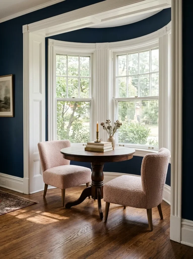 Round dining table positioned beneath a curved bay window with two upholstered chairs