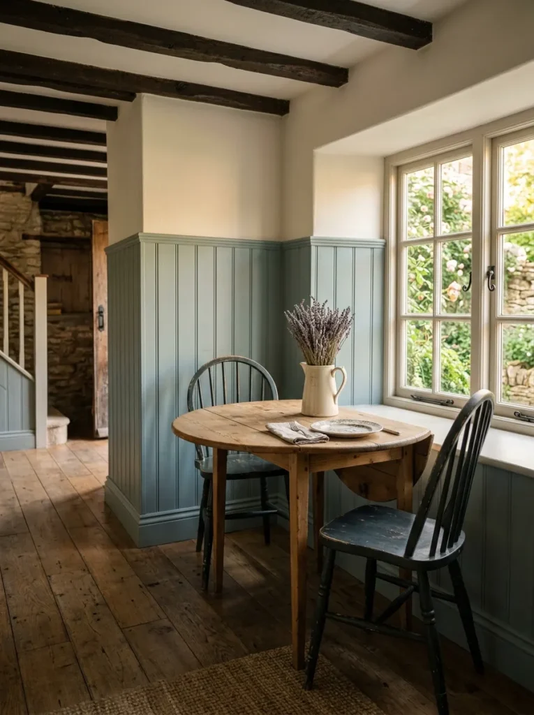 Round drop-leaf dining table partially folded against a wall in a cottage-style hallway dining spot