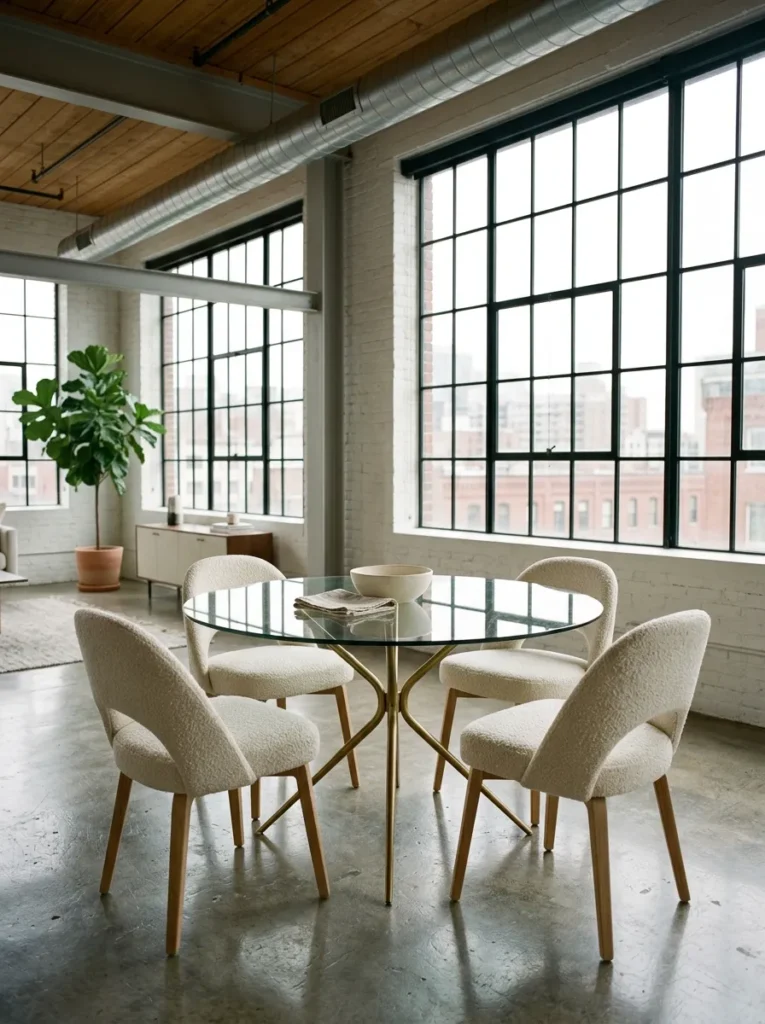 Round glass-top dining table with a slim brass base in a bright open-concept apartment