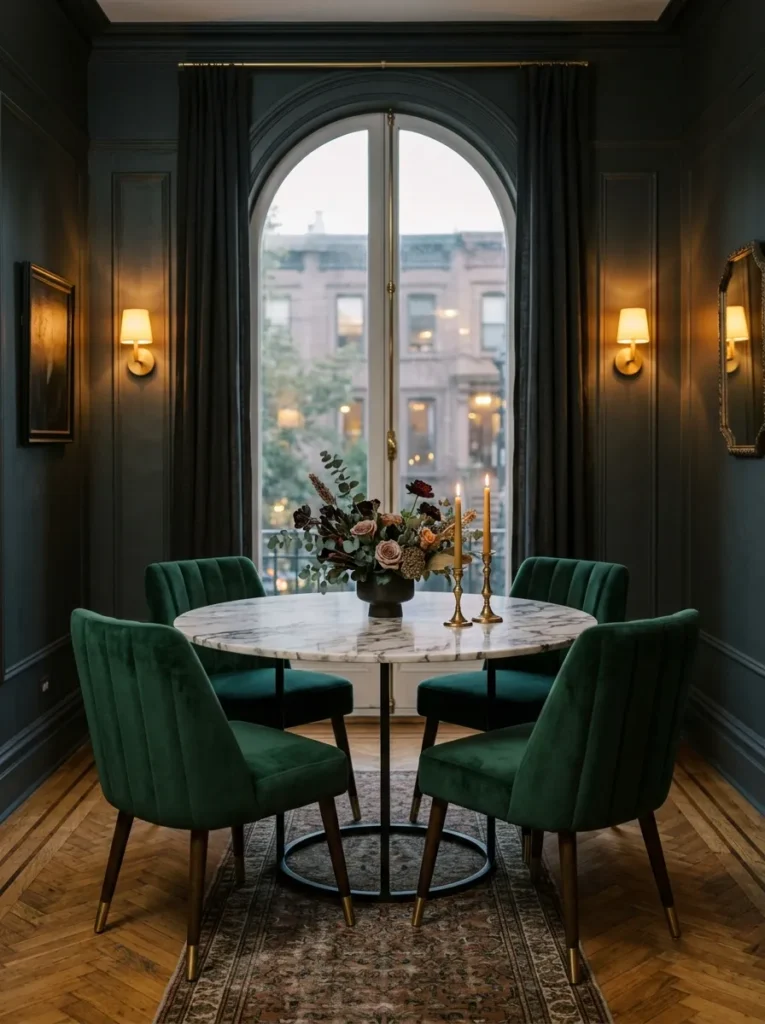 Round marble-look dining table with a slim black pedestal base in a small formal dining room