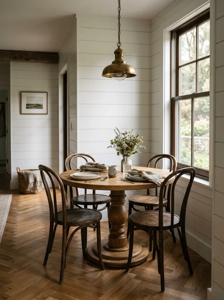 Round dining table with a turned wood pedestal base and angled bentwood chairs in a narrow dining area