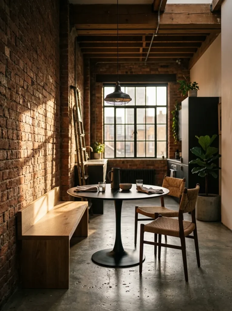 Round pedestal dining table paired with a wall-side bench and two chairs in a galley dining space