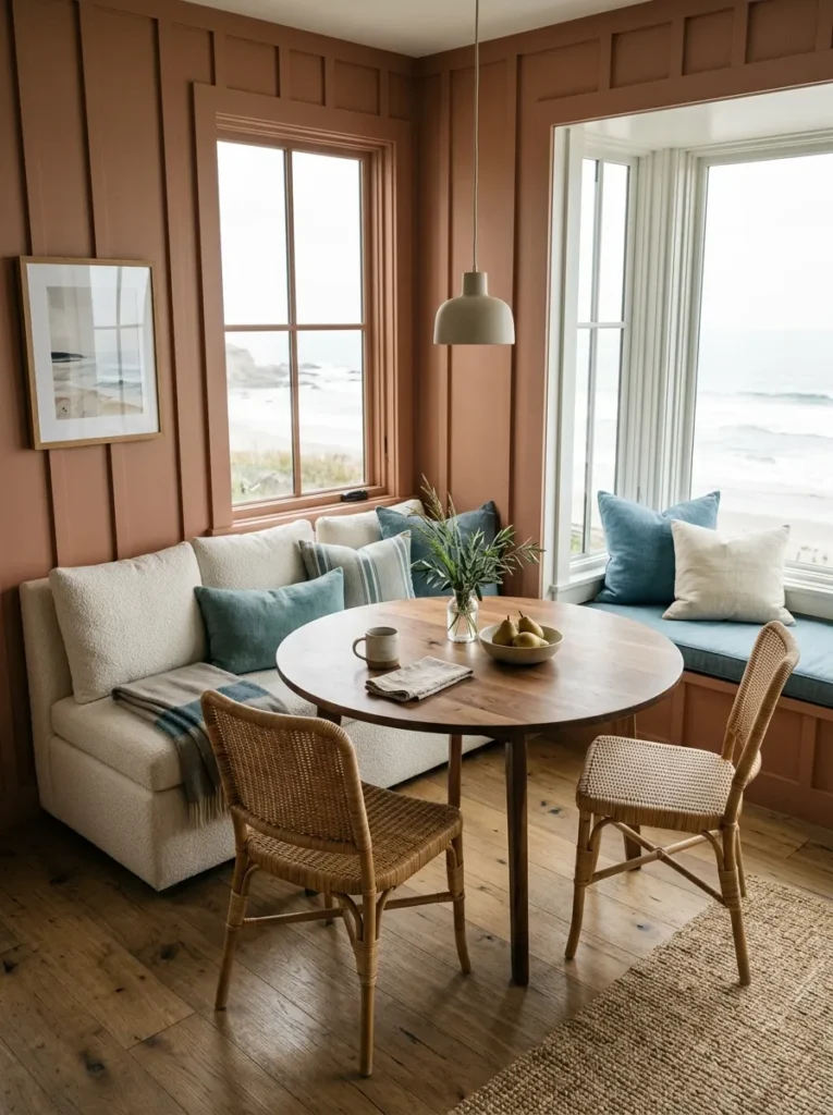 Round dining table anchored in a corner banquette nook with cushioned bench seating