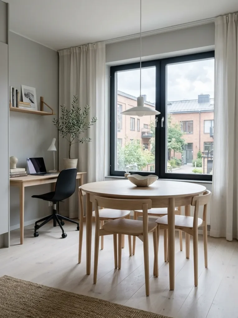 Round dining table with slim nesting chairs tucked fully underneath in a multipurpose home office dining room
