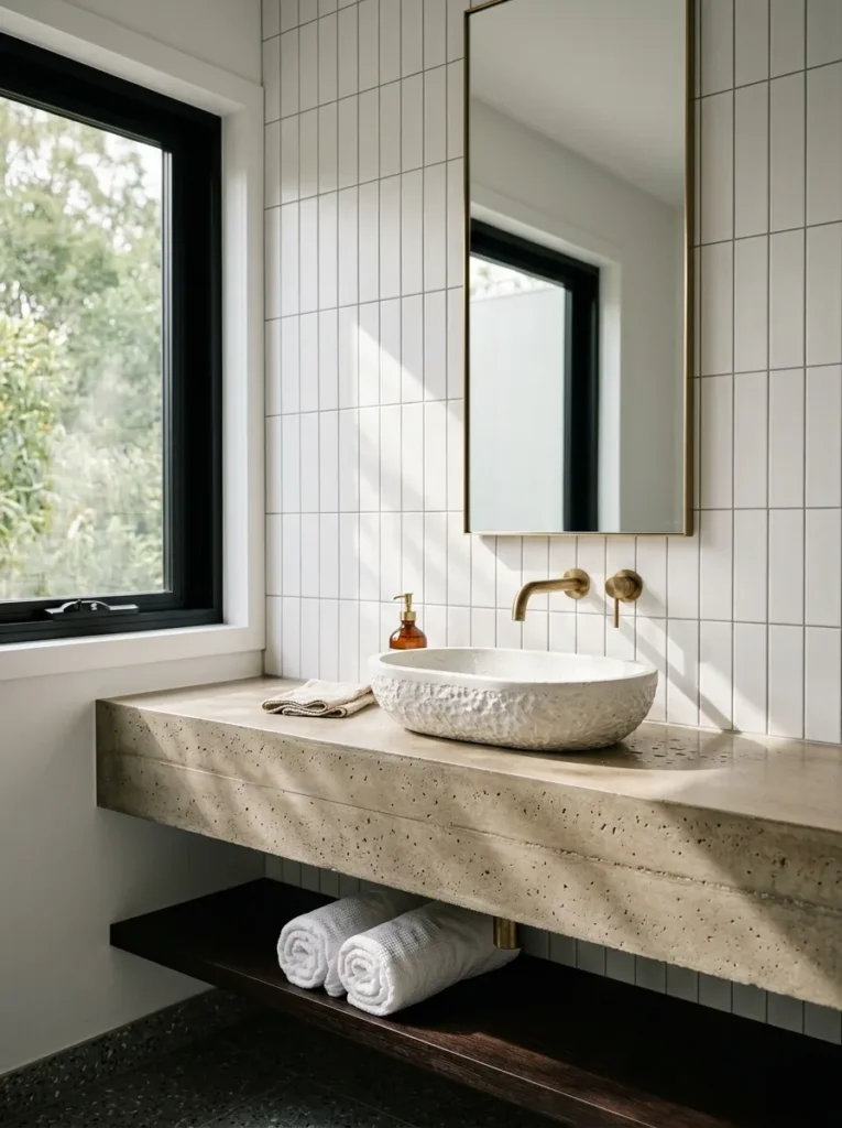 Floating concrete vanity with an oval stone vessel sink, wall-mounted brass faucet, and large vertically framed mirror in a white spa bathroom