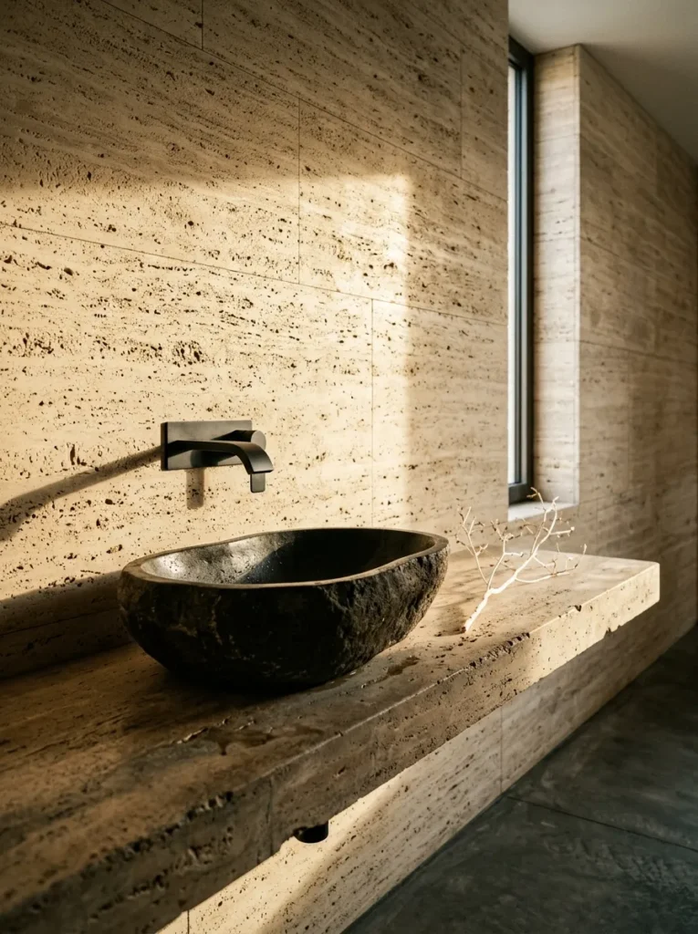 Spa bathroom with rough-hewn natural stone vessel basin sitting on a travertine ledge shelf, wall-mounted spout, and floor-to-ceiling textured stone wall