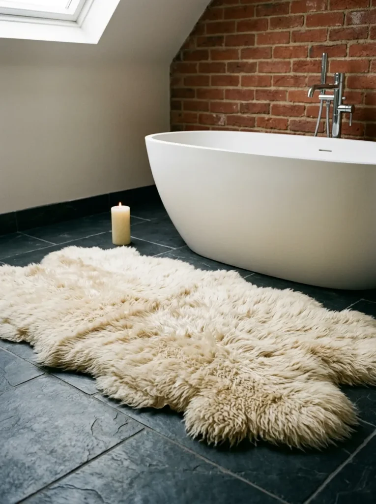 Natural cream sheepskin rug beside a freestanding white bathtub on dark slate floor in a minimalist bathroom with exposed brick accent wall
