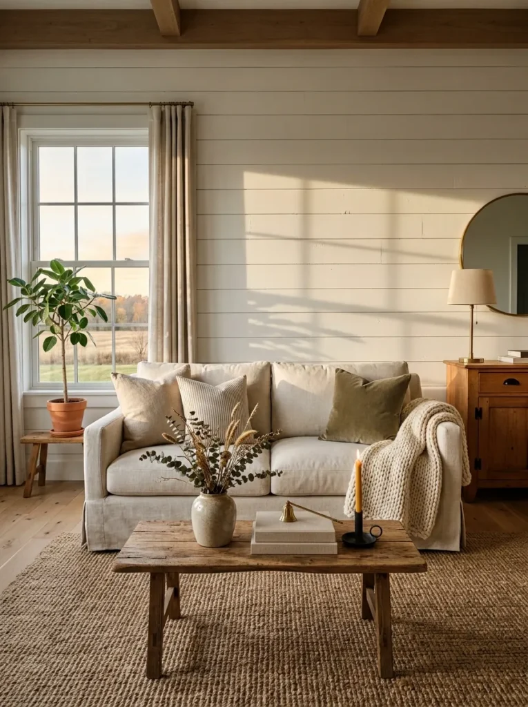 Farmhouse living room with white shiplap accent wall behind a linen sofa and wood coffee table