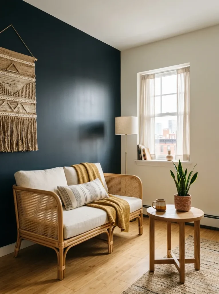 Small living room with one deep blue-black accent wall and warm white surrounding walls