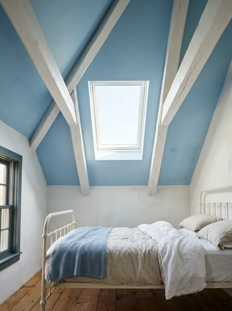 Soft sky-blue painted ceiling above a white bedroom with exposed wood beams