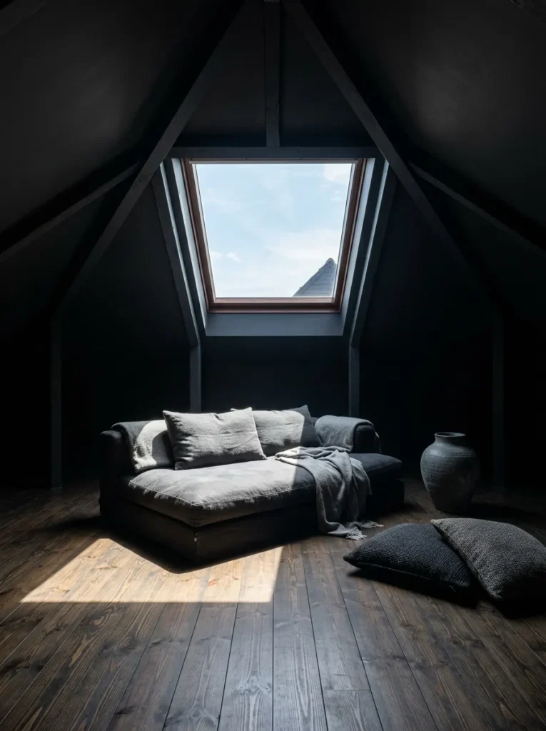 Dark-walled attic living room lit dramatically by an overhead skylight 