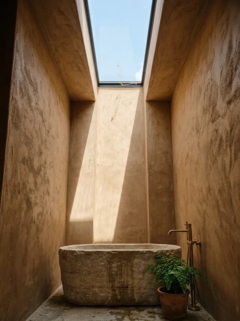 Skylight bringing natural daylight into a windowless earthy bathroom