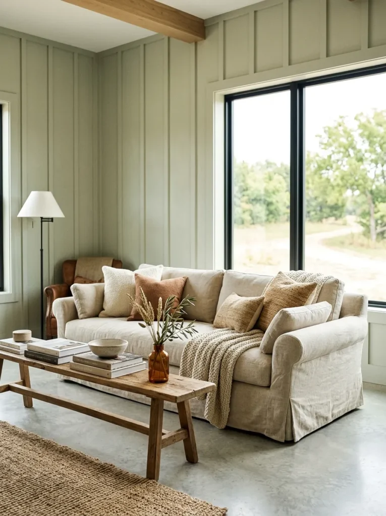 Oversized slipcovered linen sofa in neutral farmhouse living room with layered cushions
