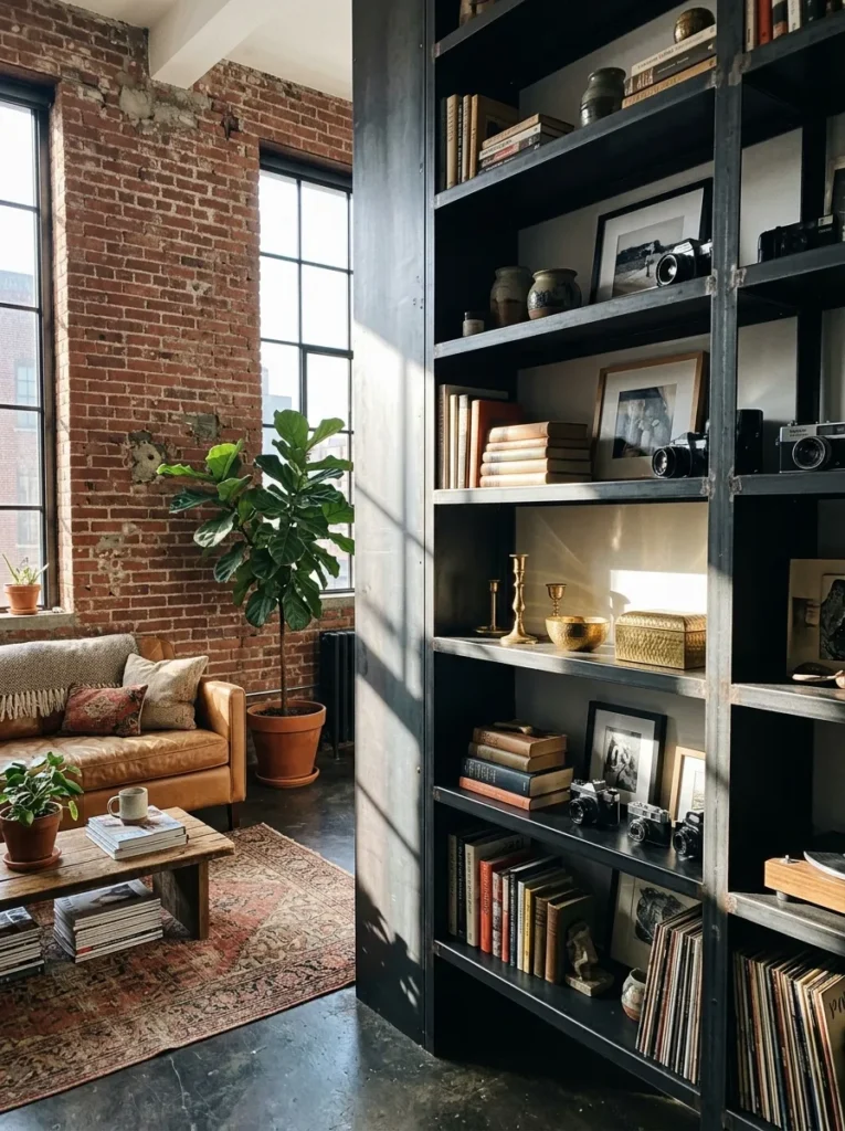 Floor-to-ceiling steel shelving unit lines a brick wall in a bright industrial apartment living room.

