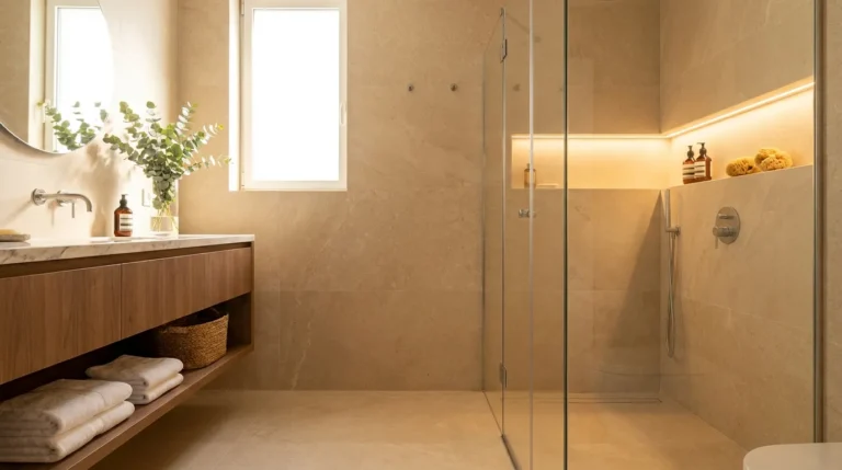 Small elegant bathroom with floating vanity, continuous stone tile, frameless shower, illuminated wall niches, and a tall narrow window in bright morning light