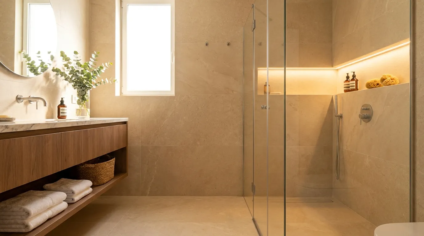 Small elegant bathroom with floating vanity, continuous stone tile, frameless shower, illuminated wall niches, and a tall narrow window in bright morning light