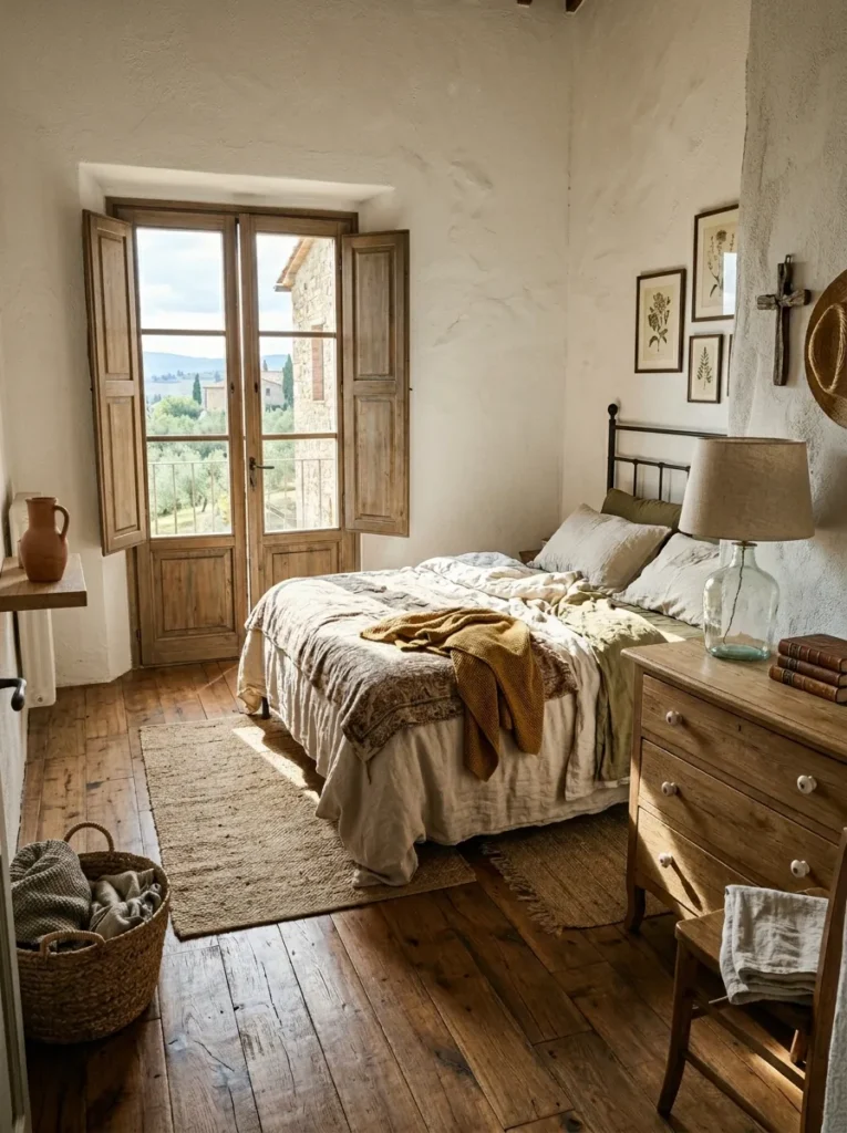 Small bedroom featuring asymmetrical bedside storage with floating shelves and compact drawer units