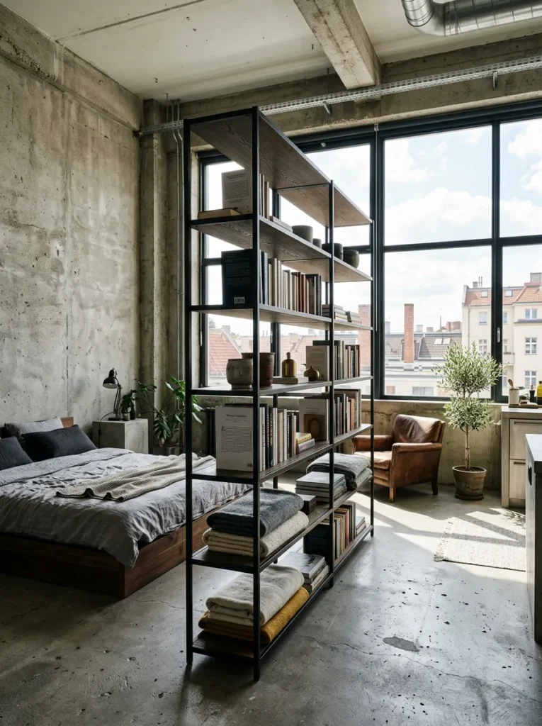 Small bedroom featuring an open bookcase room divider offering storage while separating living spaces

