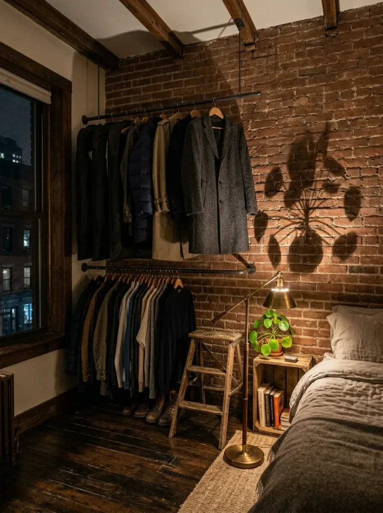 Small bedroom with a ceiling-mounted wardrobe rail maximizing vertical clothing storage and closet organization
