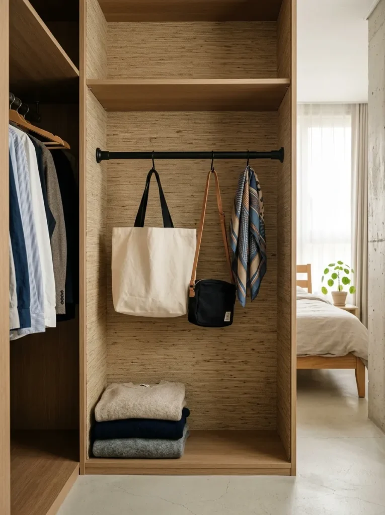 Small bedroom closet with a tension rod creating an additional storage level for handbags and folded clothing
