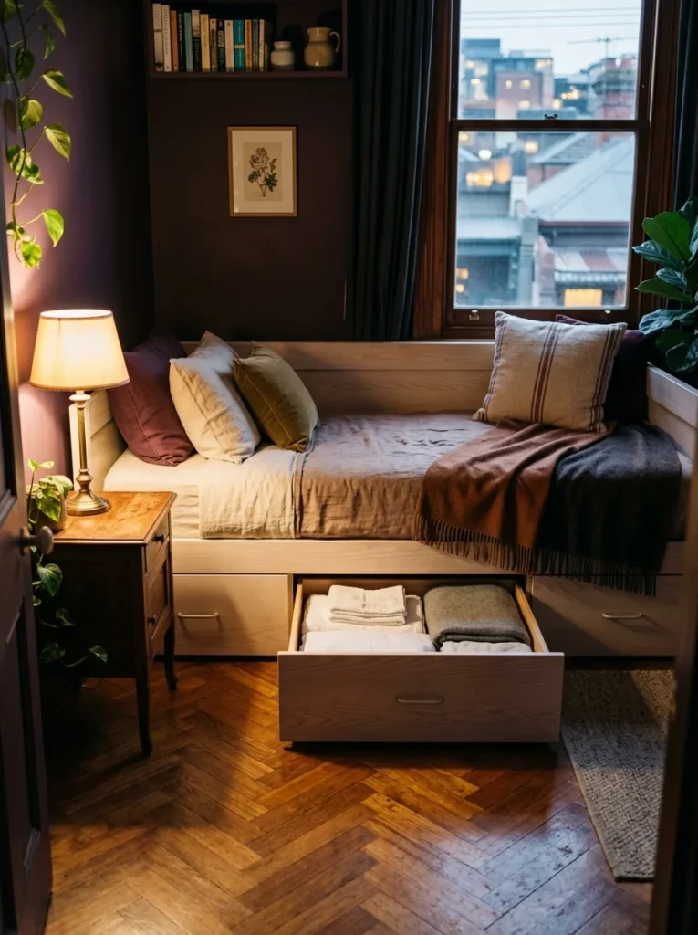 Small bedroom featuring a multifunctional daybed with built-in storage drawers underneath
