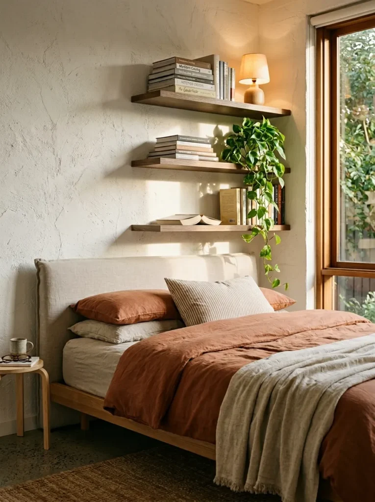 Small bedroom featuring floating shelves above the headboard displaying books, decor, and storage baskets