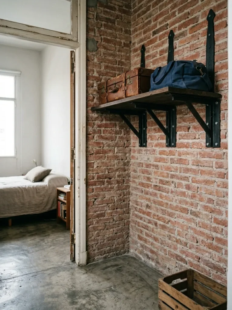 Small bedroom closet featuring a fold-down storage shelf for luggage, bedding, and bulky seasonal items
