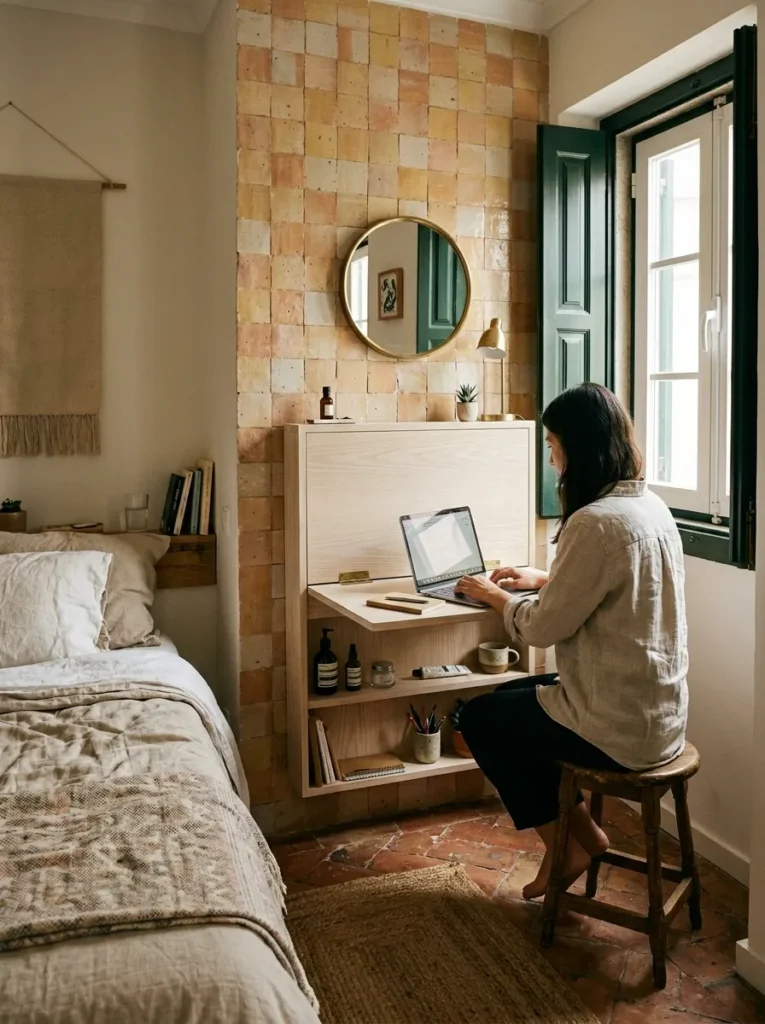 Small bedroom featuring a wall-mounted fold-down desk with built-in shelving for multifunctional storage
