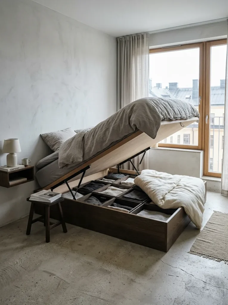 Small bedroom featuring a hydraulic lift storage bed with hidden under-bed storage for blankets, luggage, and seasonal items