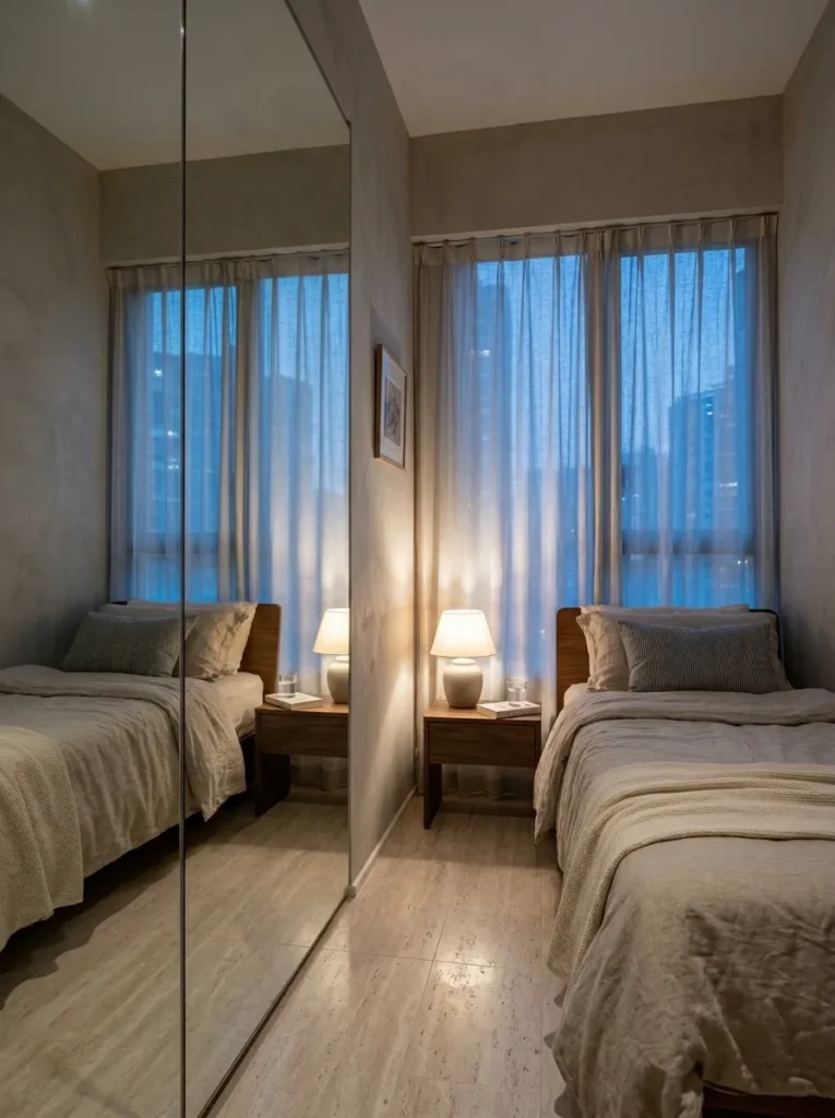 Small bedroom with mirrored wardrobe doors reflecting natural light while providing practical storage

